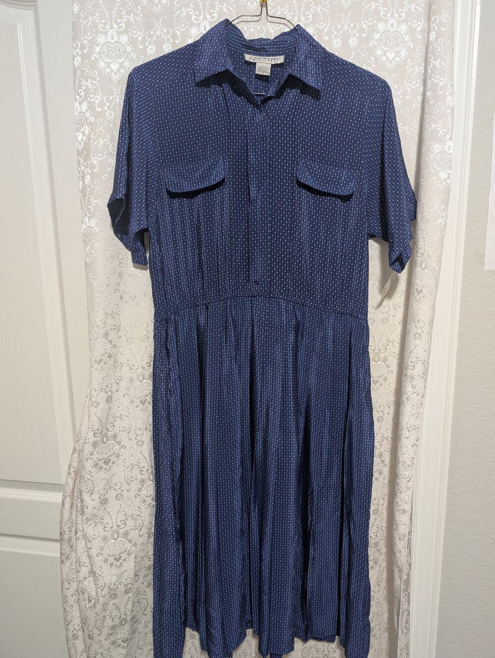 Vintage 80s Argenti Petites Blue Geometric Pleated Midi Shirt Dress Size 10